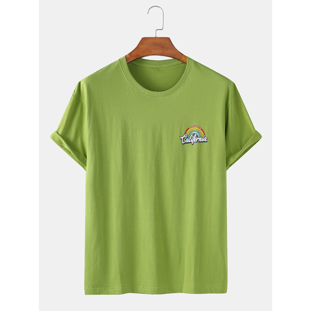 Cotton Rainbow Pattern Text Print Short Sleeve Casual T-Shirts - White M