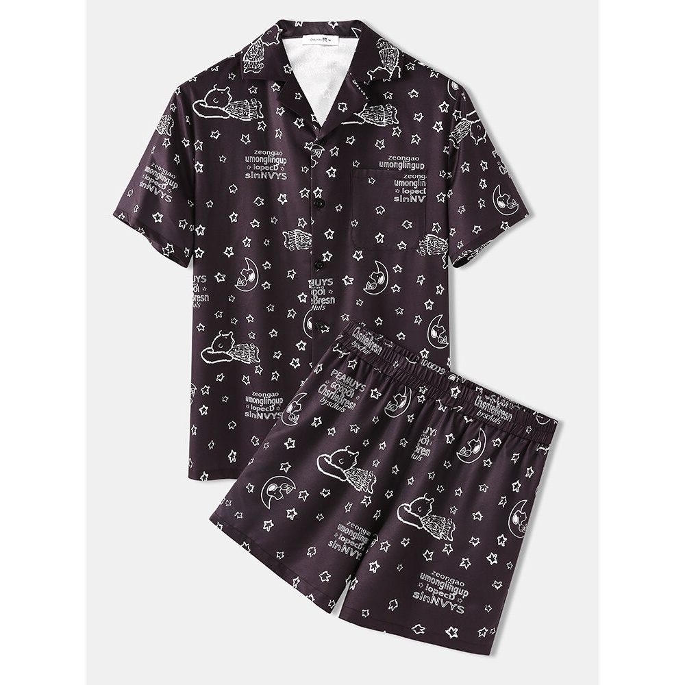 Mens Fnuuy Star Cartoon Print Short Sleeve Two Piece Loose Casual Pajama Set - Dark Grey M