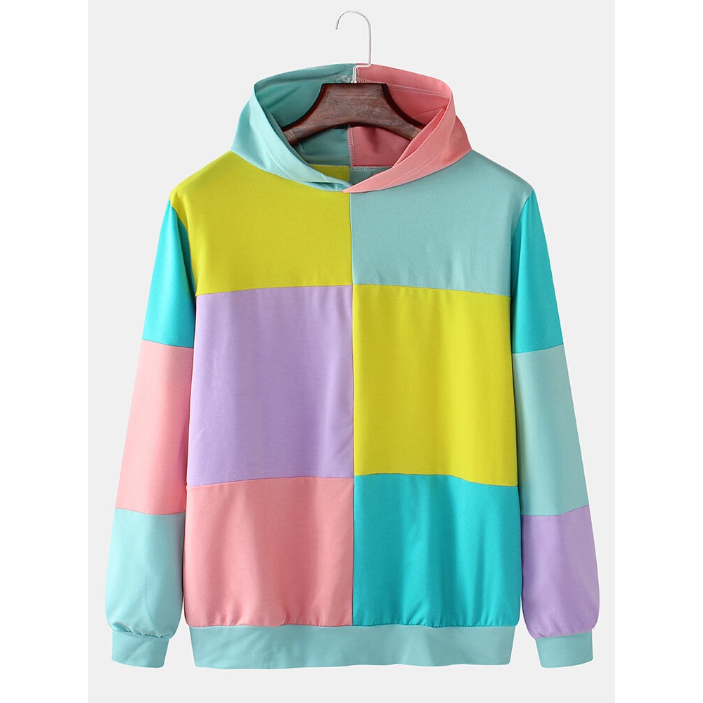 Mens Contrasting Color Block Patchwork Long Sleeve Hoodies - Multicolor M