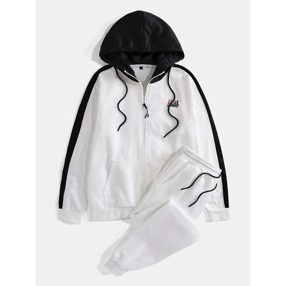 Mens Contrast Color You King Back Print Hooded Sports Casual Two-Piece Outfits - Black M