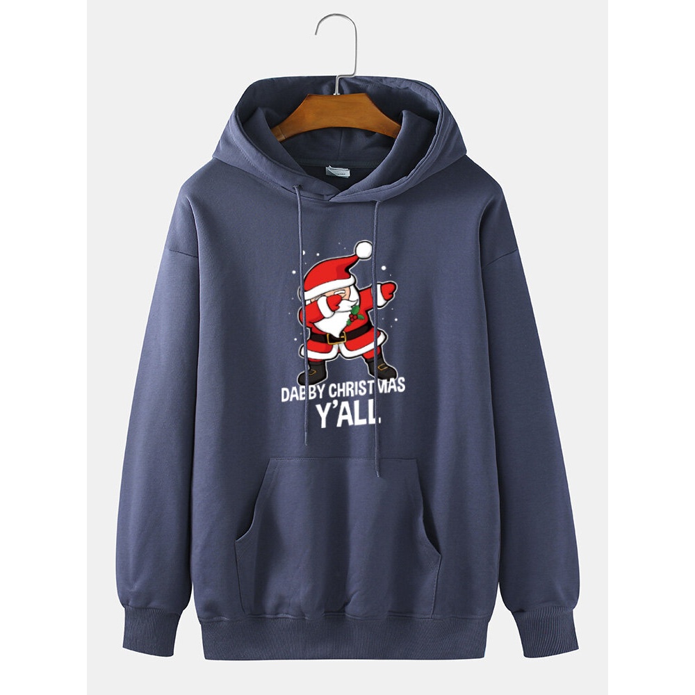Mens Cartoon Santa Claus Print Cotton Plain Drawstring Pullover Hoodie - Khaki S