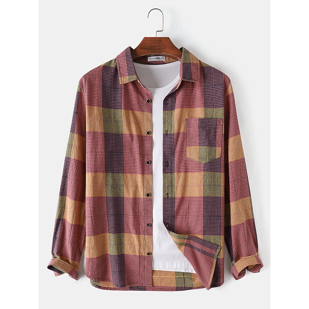 Mens 100% Cotton Colorful Plaid Long Sleeve Pocket Casual Shirts - Green S