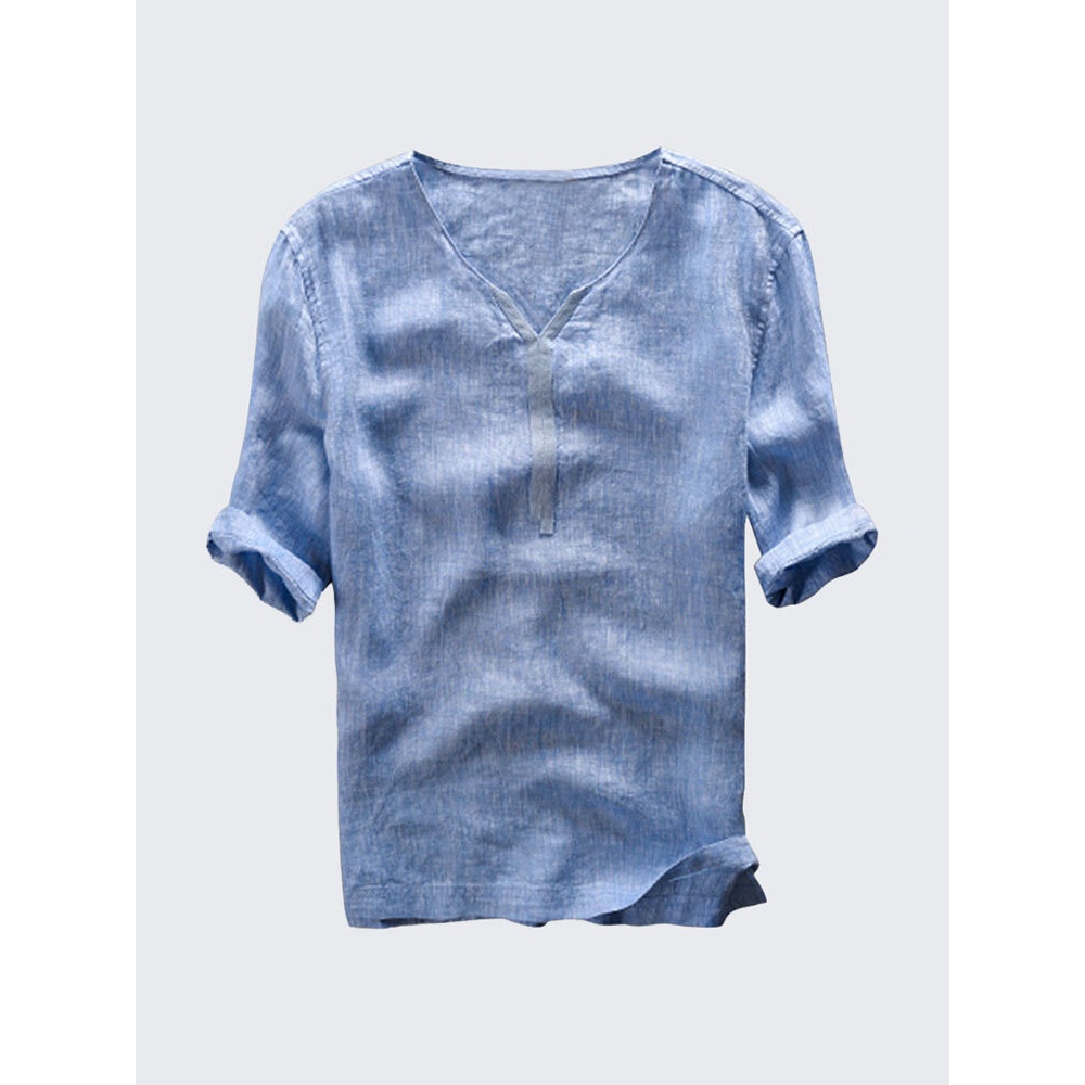 Mens Vintage V Neck 100% Cotton Casual T-shirts - 2XL Light Blue