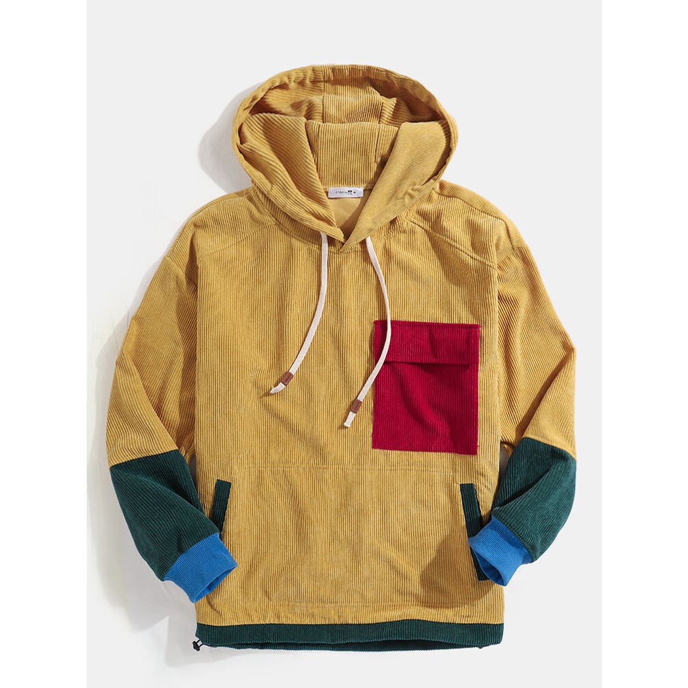 Mens Corduroy Vintage Patchwork Drawstring Hoodies With Flap Pocket - S Yellow