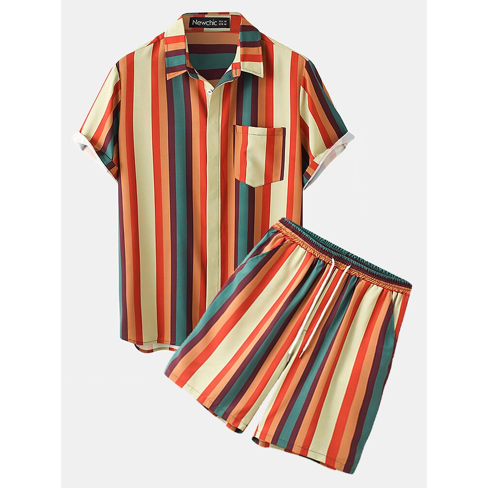 Mens Multicolor Striped Print Lapel Short Sleeve Two-Piece Holiday Outfits - Khaki L