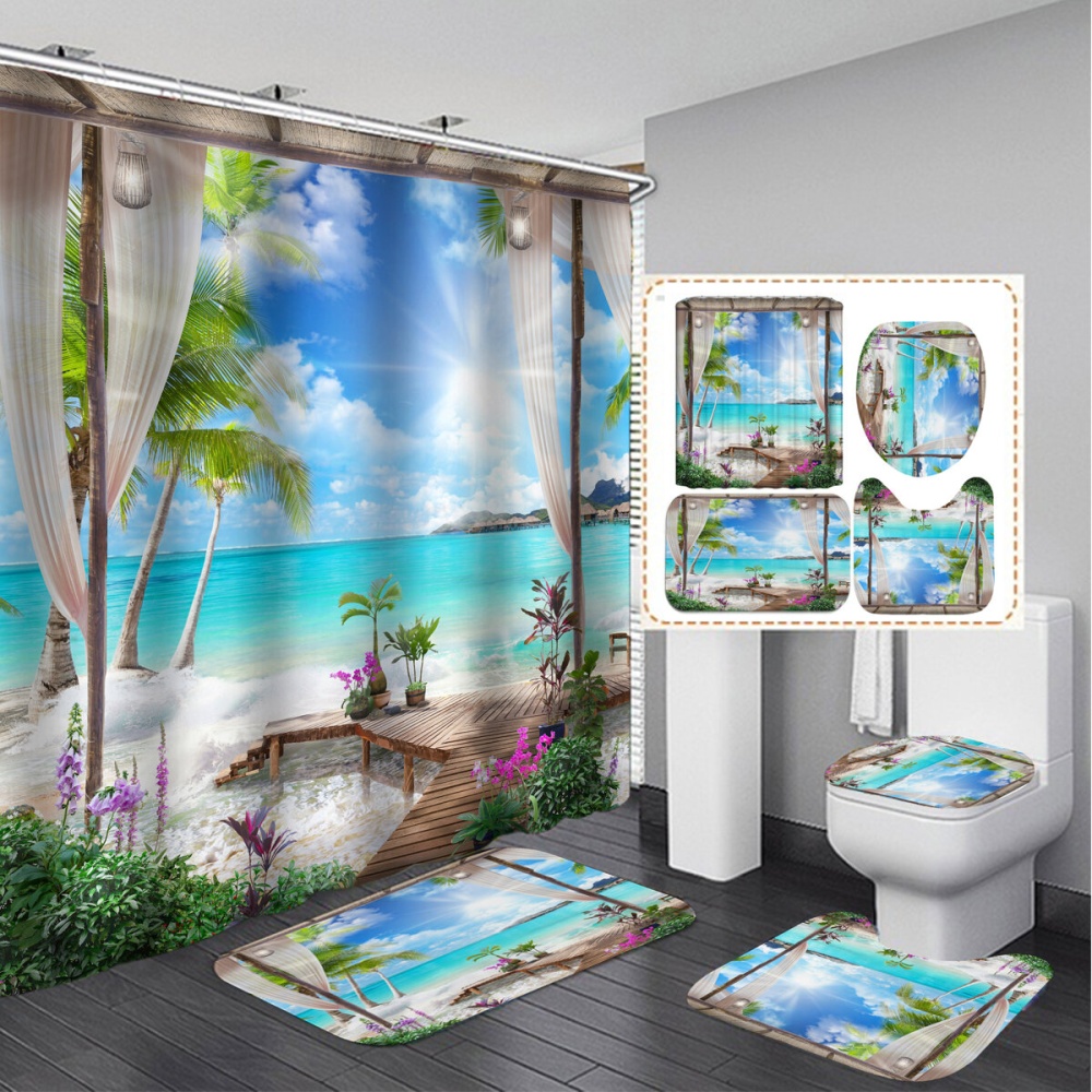 1/3Pcs Shower Curtain Set Bay Printing Toilet Cover Mat Bathroom Non-Slip Mat - 1 - Image 2