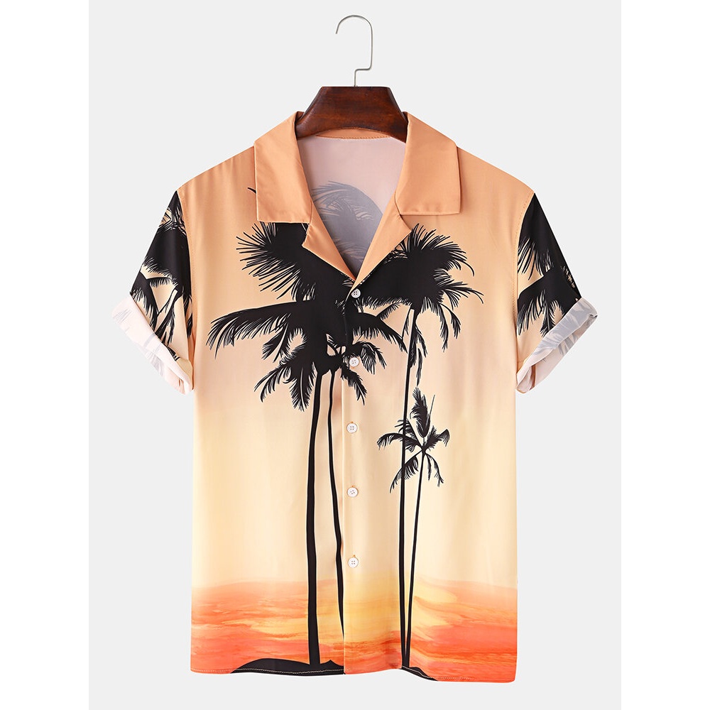 Mens Gradient Beach Landscape Print Revere Collar Hawaii Holiday Short Sleeve Shirts - Blue 2XL