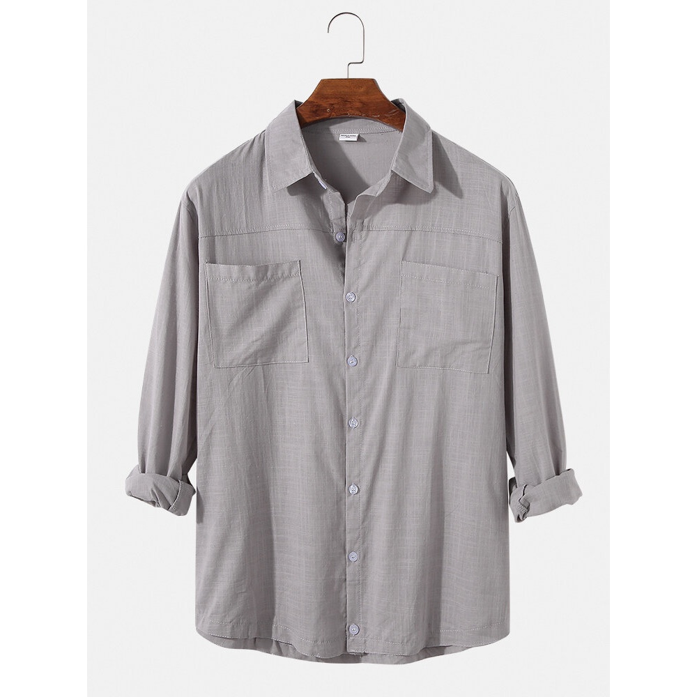 Mens Solid Color Double Pocket Long Sleeve Button Up Vintage Shirts - Grey S