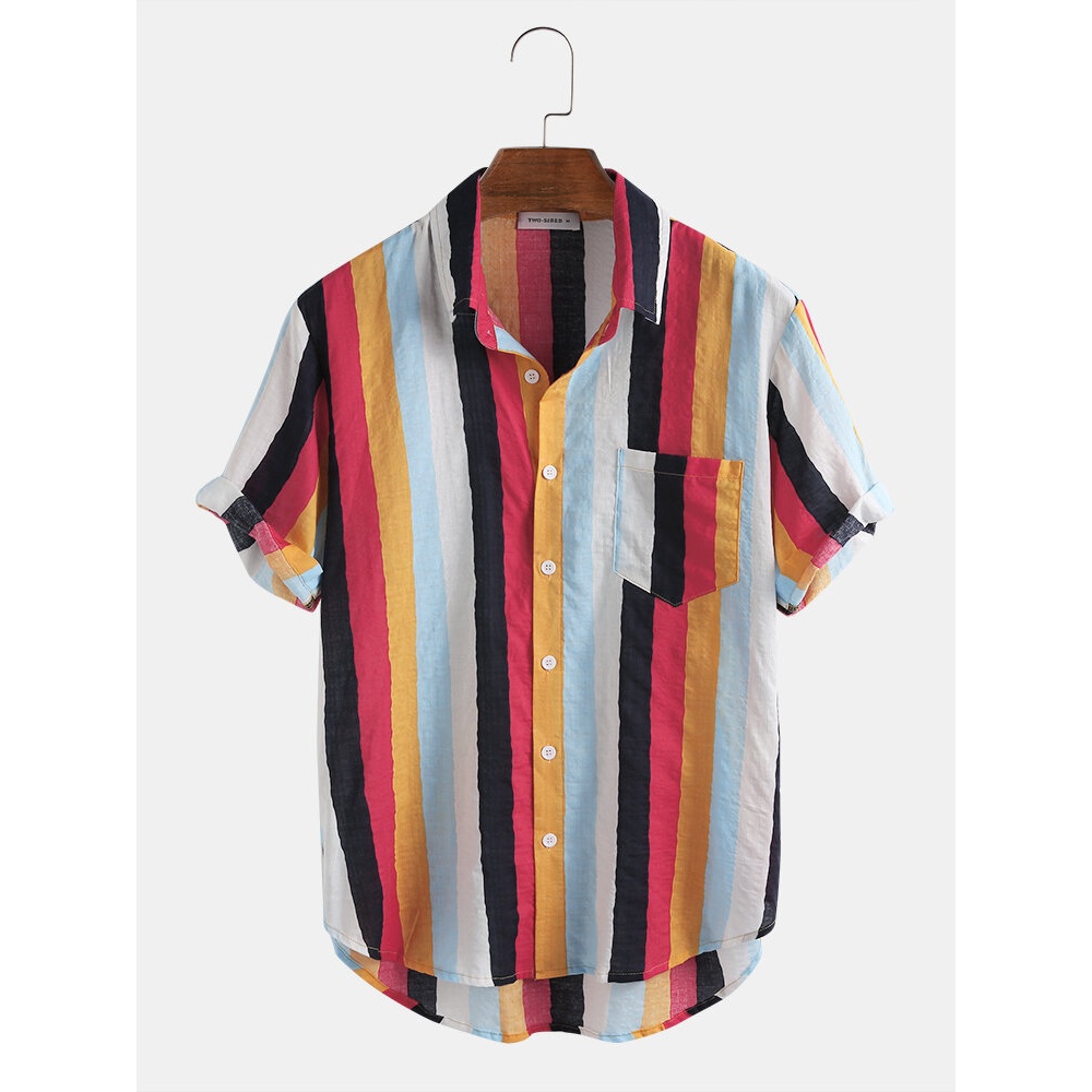 Cotton Colorful Stripe Lane Print Patch Pocket Short Sleeve Casual Shirts - M Yellow