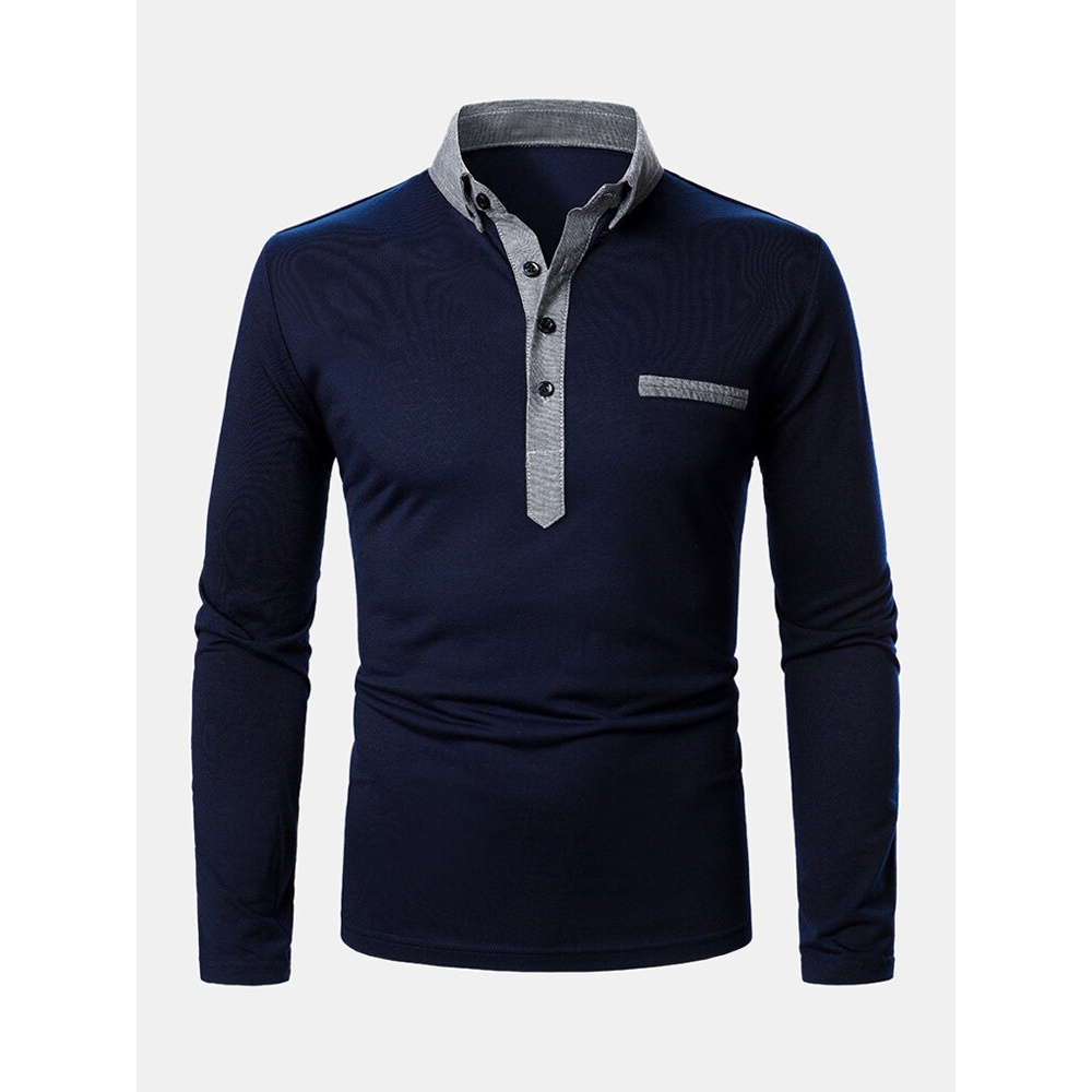 Mens Two Tone Lapel Casual Long Sleeve Golf Shirts With Pocket - Dark Blue 2XL