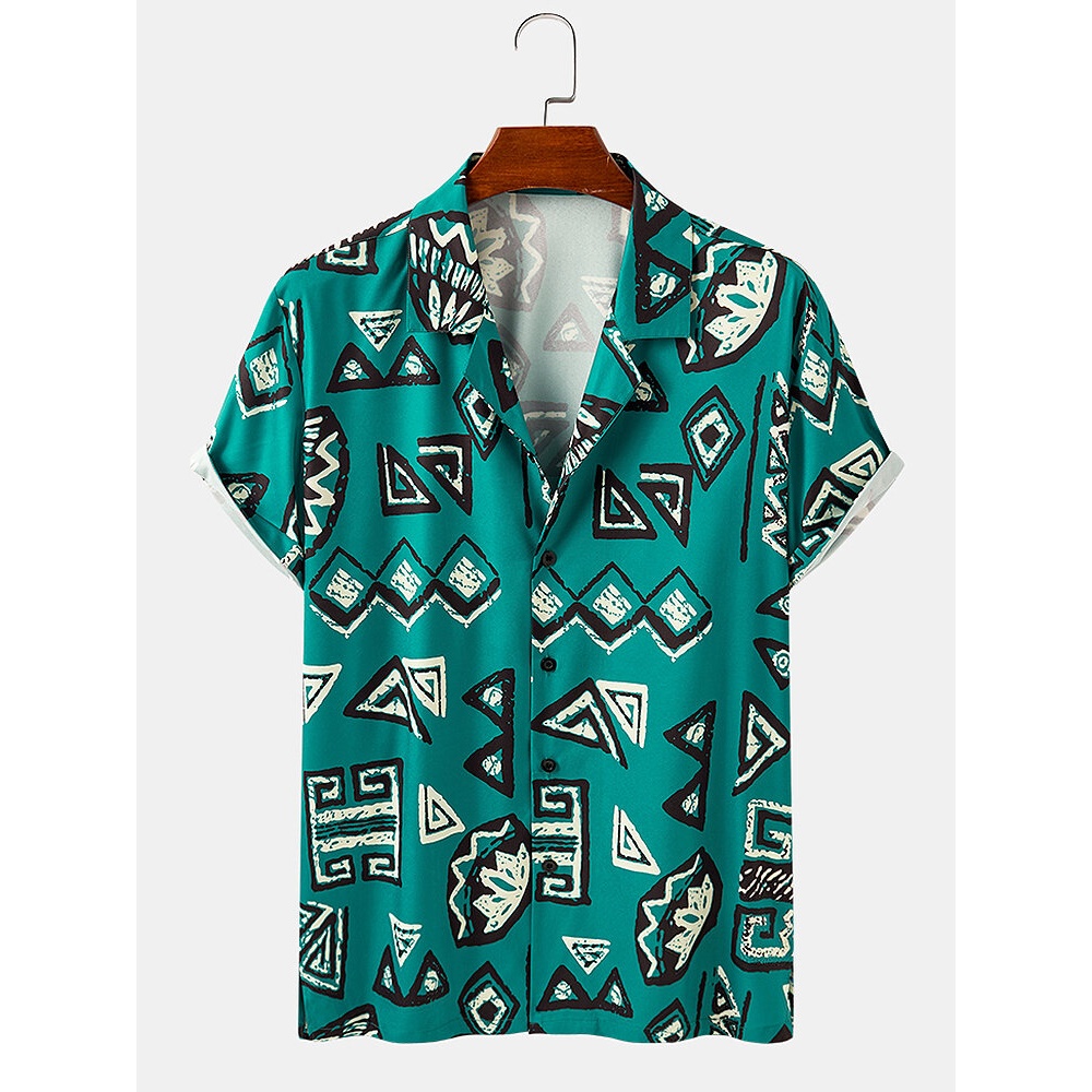 Banggood Designed Mens Geometric Print Short Sleeve Shirts - Green S