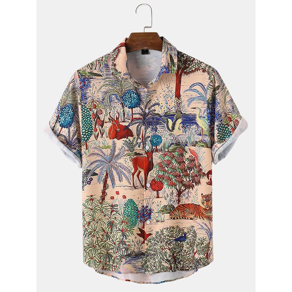 Mens Animal Plant Print Short Sleeve Casual Shirts - Coffee XL