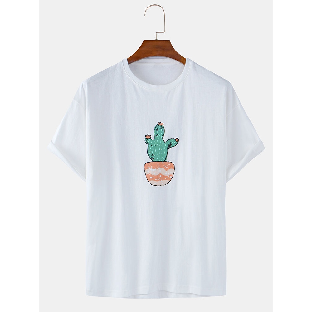 Mens Cartoon Cactus Print Crew Neck Short Sleeve T-Shirts - White XL