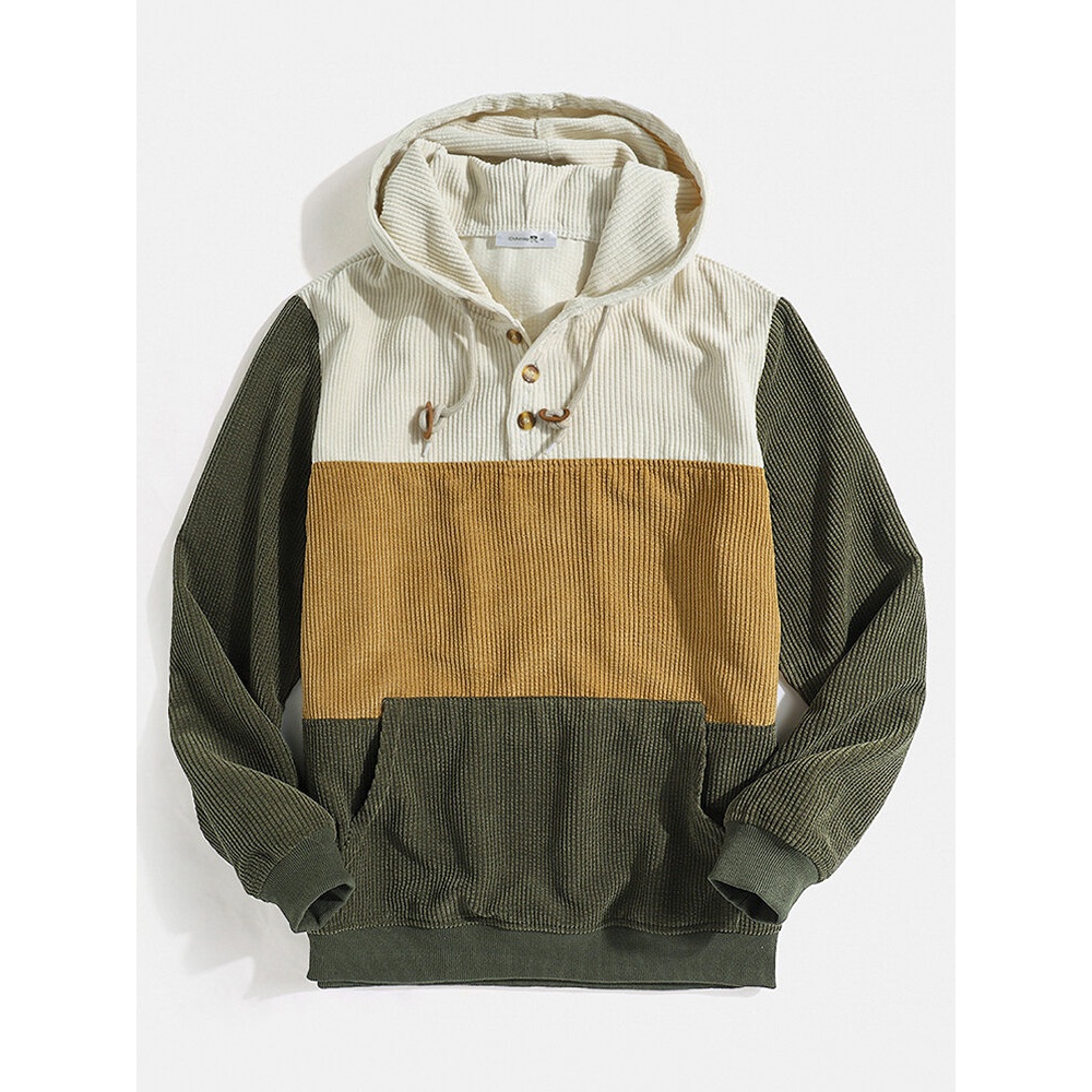 Mens Corduroy Color Block Half Button Kangaroo Pocket Casual Drawstring Hoodies - Army Green S