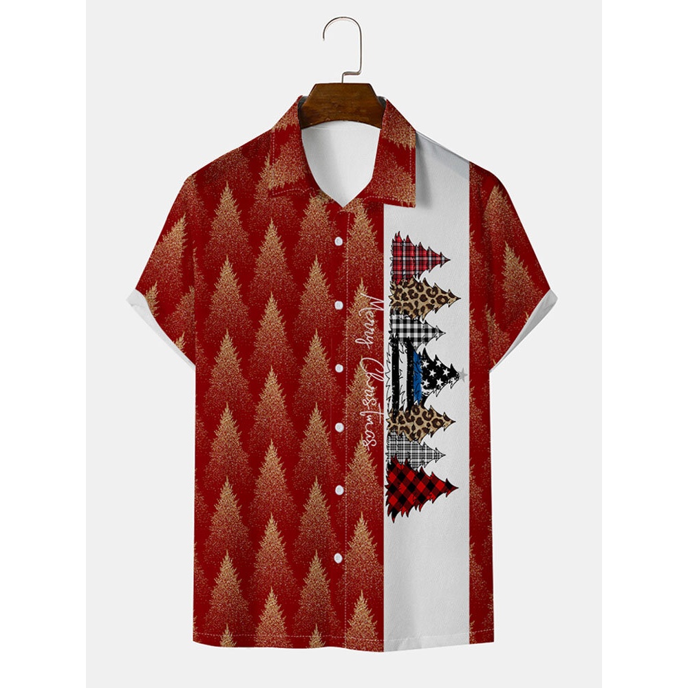 Men  Trees Letter Button Lapel Short Sleeve Shirts - Red S