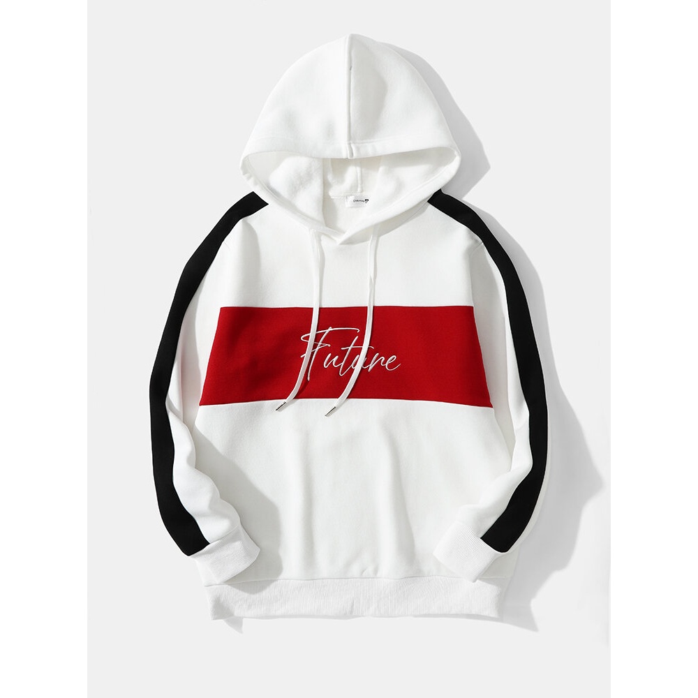 Mens Splicing Panel Letter Contrast Color Drawstring Hoodies - White S