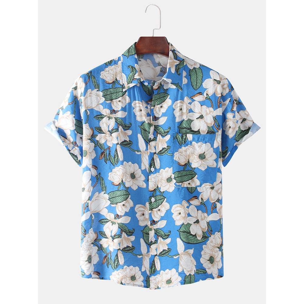 Mens Floral Printed Lapel Casual Loose Short Sleeve Shirts - Yellow S