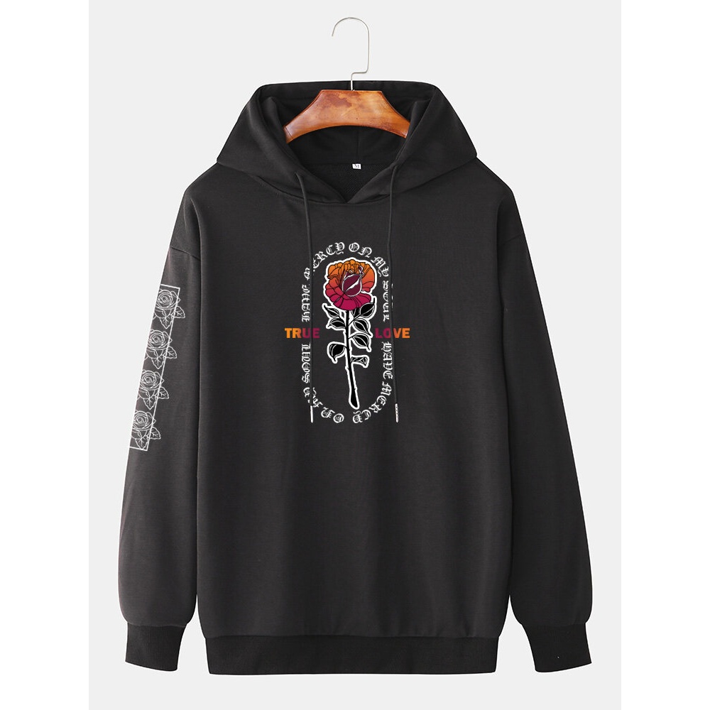 Mens Rose Letter Print Drop Shoulder Casual Drawstring Hoodies - Black M
