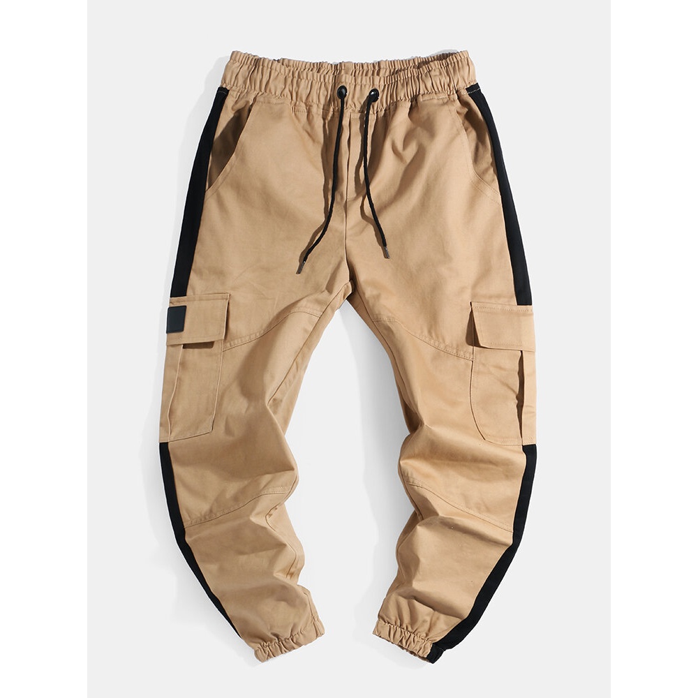 Mens Solid Color Side Patchwork Casual Pants With Pocket - Black M