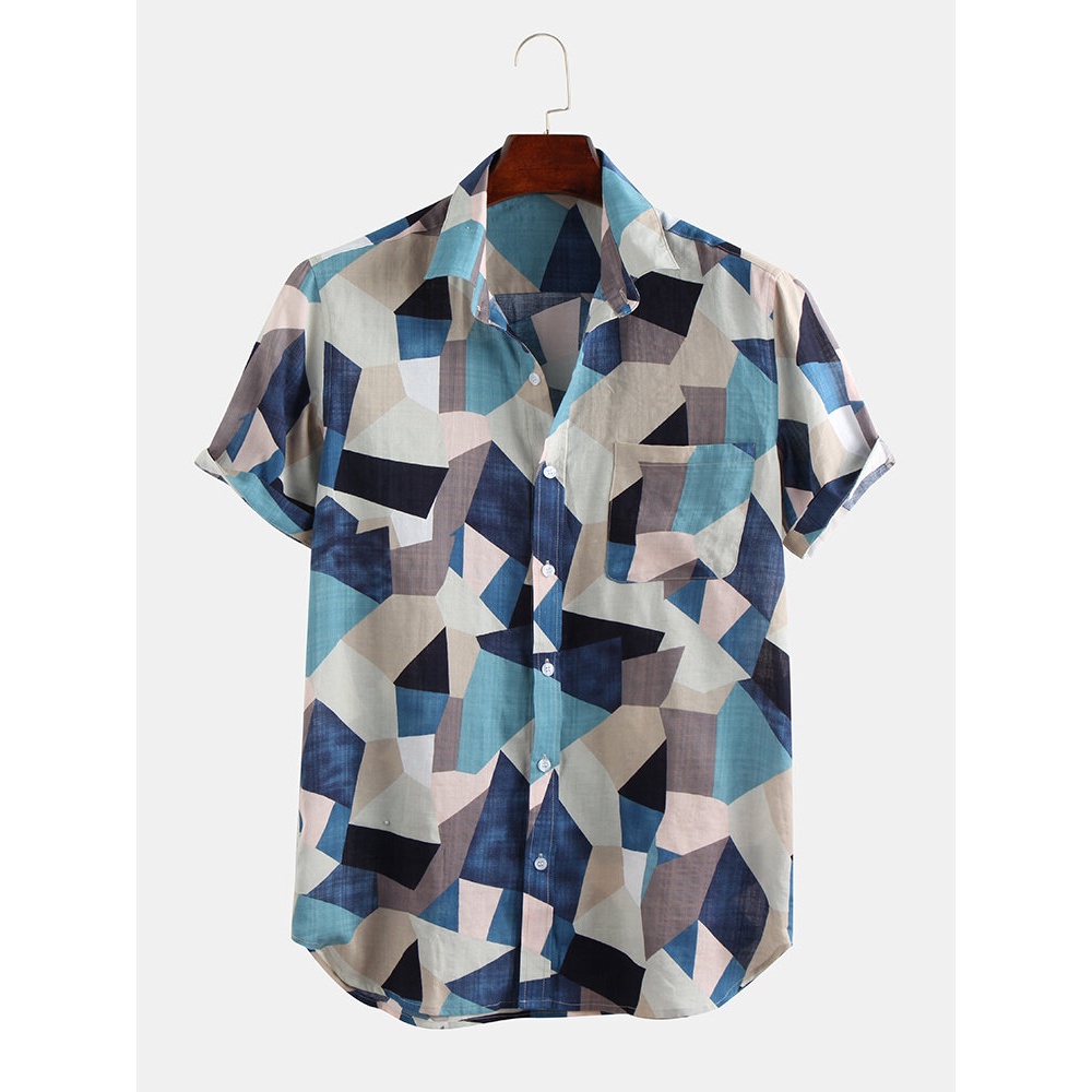 Mens Fashion Color Block Printed Breathable Casual Shirts - XL Coffee