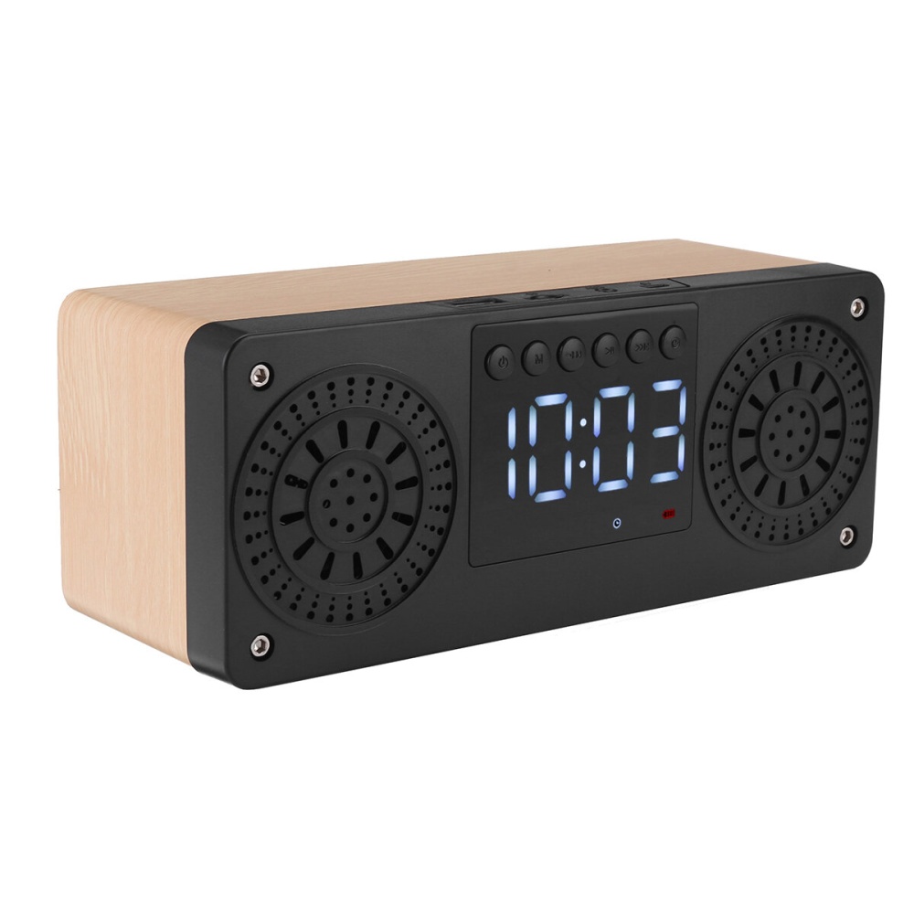 bluetooth 5.0 Wooden Speaker Alarm Clock Support TF Card/USB/AUX/ FM Radio - Black - Image 2