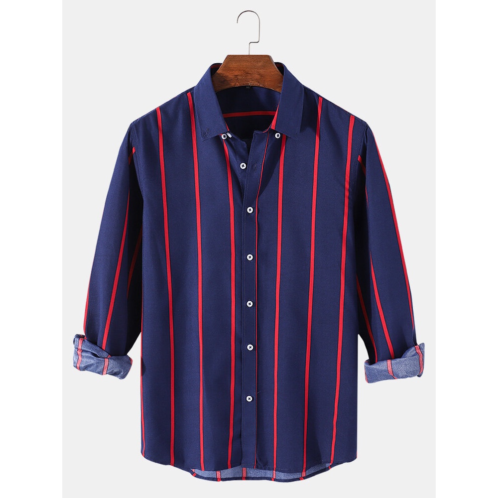 Cotton Mens Casual Lapel Striped Regular Fit Long Sleeve Shirts - Black XL