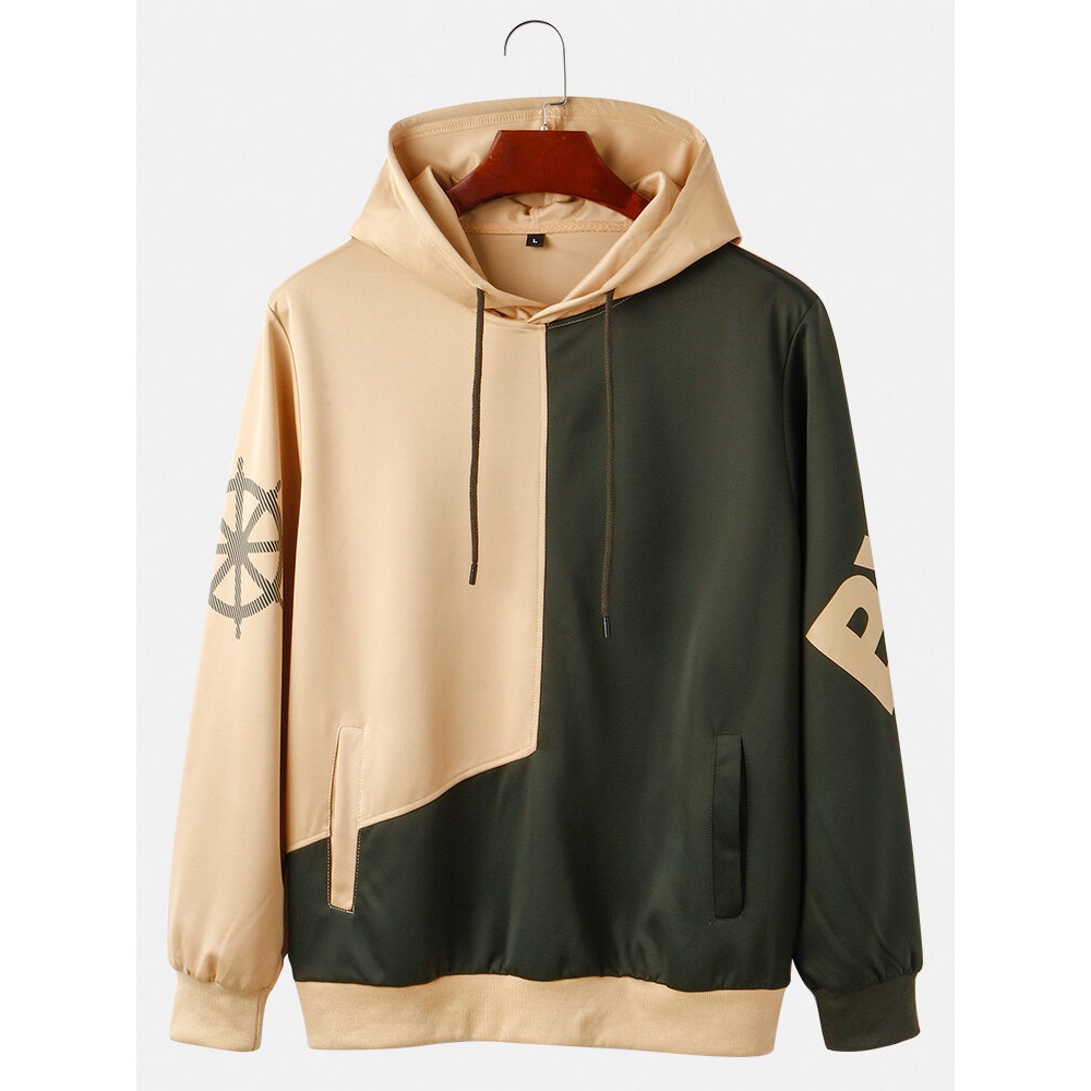 Mens Contrast Patchwork Letter Print Casual Loose Drawstring Hoodies With Pocket - Khaki S