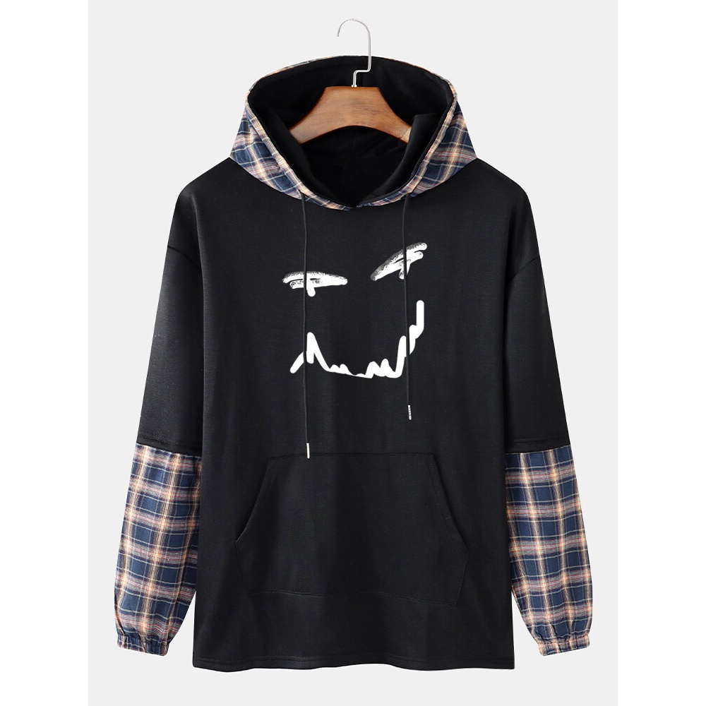 Mens Smile Print Plaid Patchwork Faux Twinset Hoodies - Black M
