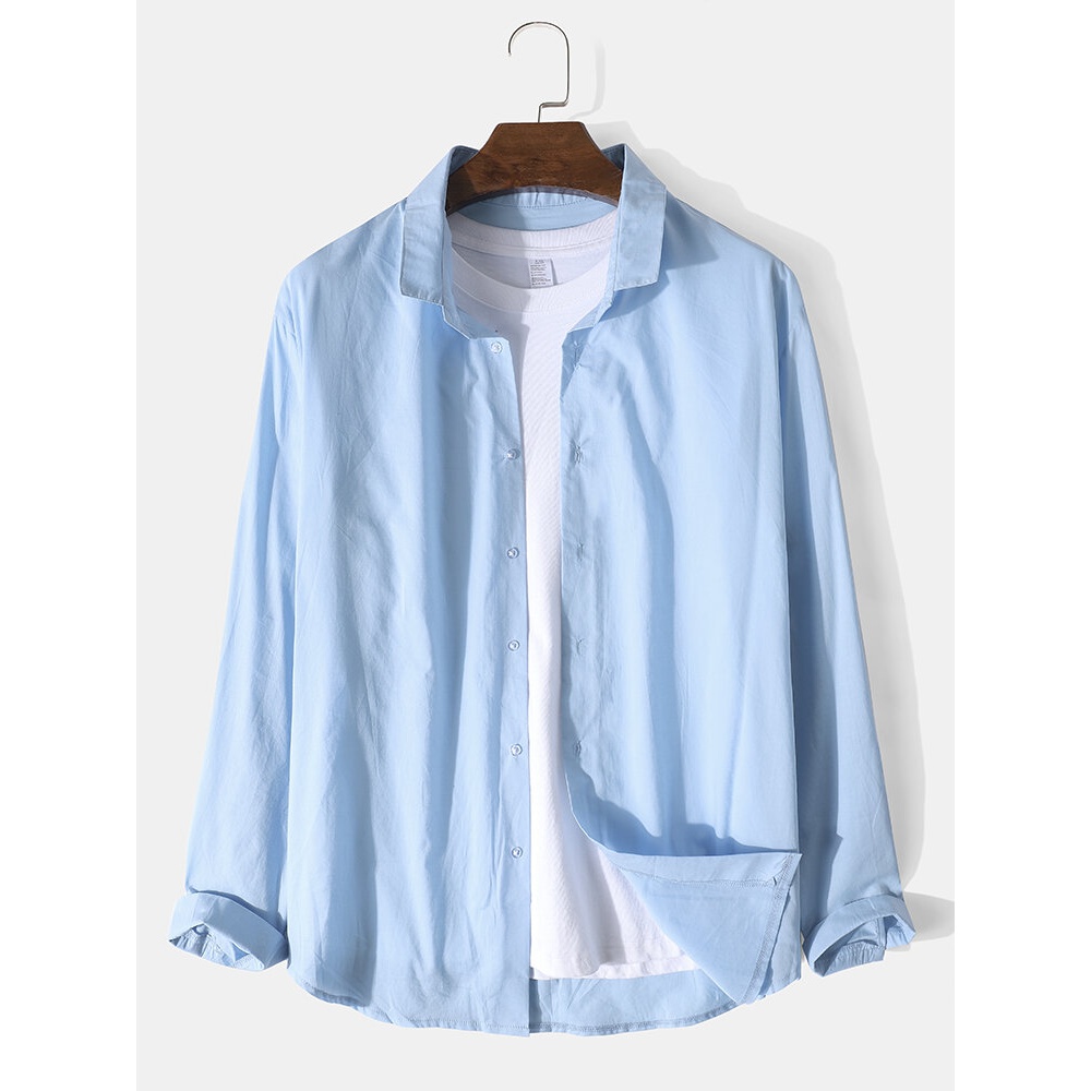 Mens Solid Color Button Up Cotton Linen Basics Long Sleeve Shirts - White 2XL