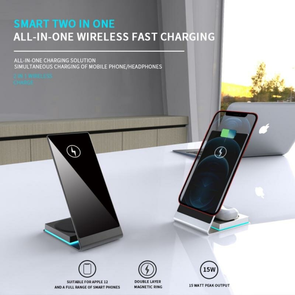 Y22 2-In-1 15W Wireless Charger Fast Wireless Charging Holder For Qi-enabled Smart Phones for iPhone 12 Pro Max for iPhone 12 Mini for Airpods - Bla - Image 2