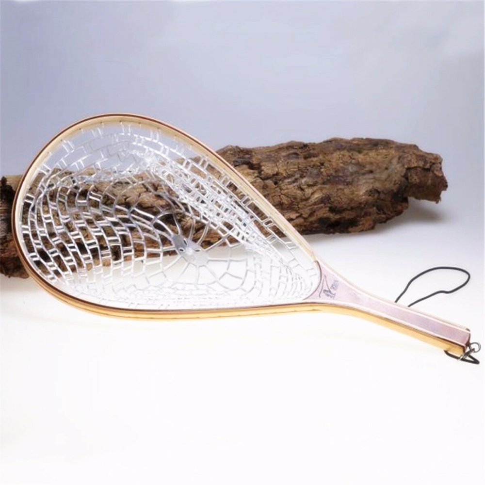 58CM Wooden Handle Fly Fish Fishing Landing Trout Clear Rubber Net Mesh Catch Tackle - Image 2