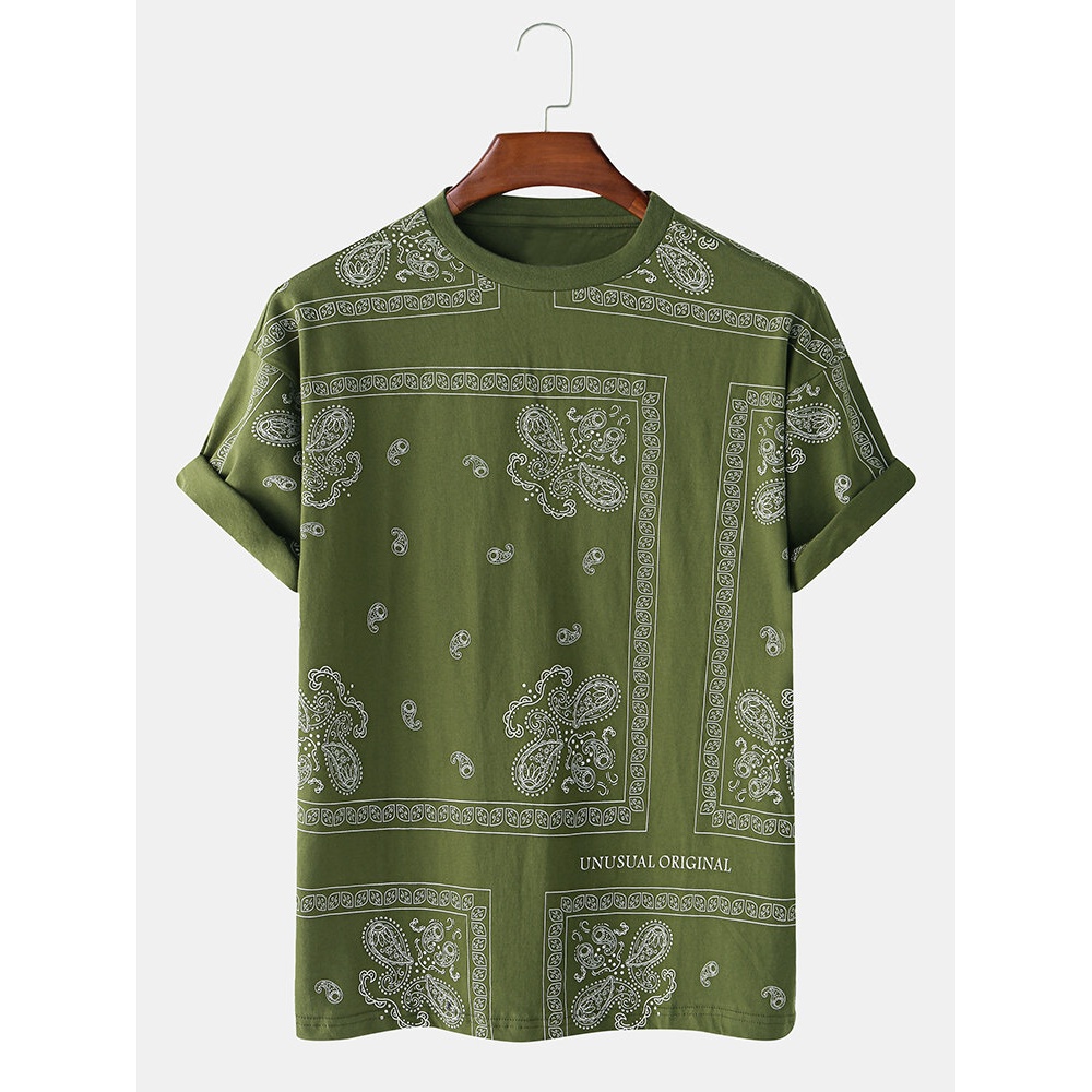 Mens Solid Cotton Ethnic Totem Square Printed Casual Home Round Neck T-shirts - Green XL
