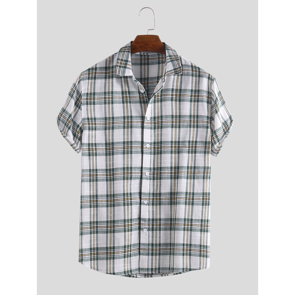 Mens Summer Casual Loose Short Sleeve Plaid Shirts - L Black