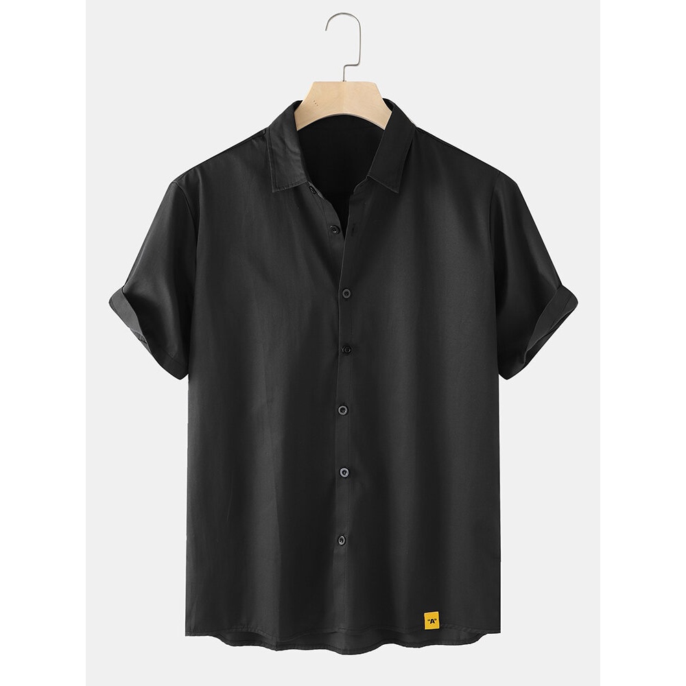 Mens Label Solid Color Lapel Button Up Short Sleeve Shirts - Black S