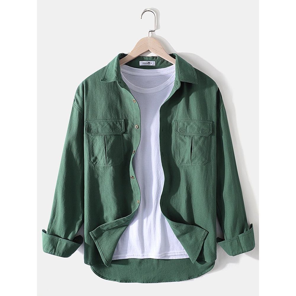 Mens 100% Cotton Cargo Style Long Sleeve Shirts With Flap Pockets - Green L