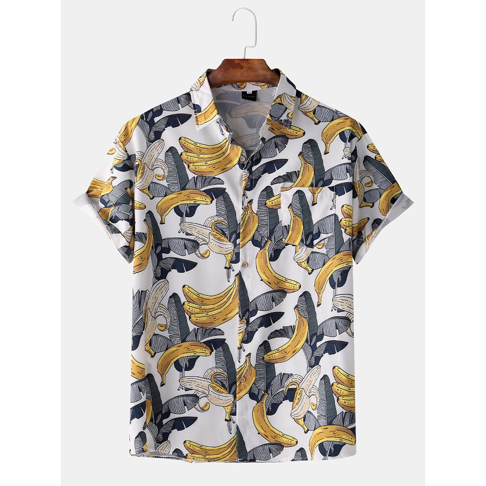 Men Casual Hawaii Banana Print Patchwork Pocket Holiday Shirts - White S