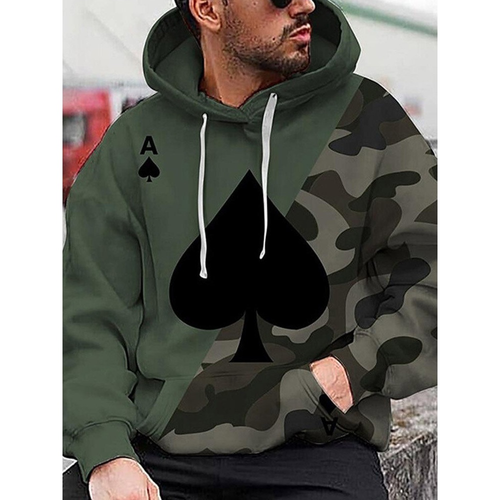 Men Spade Camo Print Patchwork Drawstring Kangaroo Pocket Hoodies - Army Green M