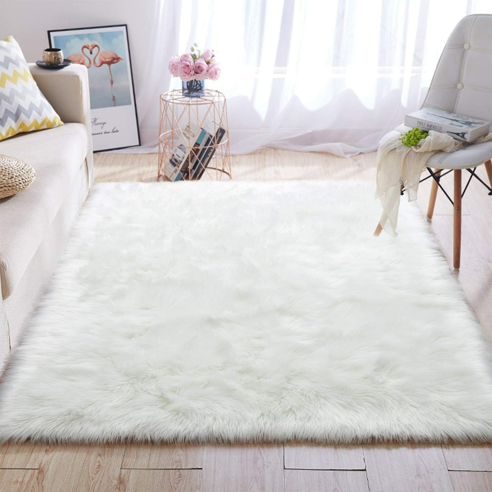 180 x 100 cm Floor Rug Polyester Acrylic Plush Mat for Living Room Plush Rug Children Bed Room Fluffy Floor Carpets - White - Image 2