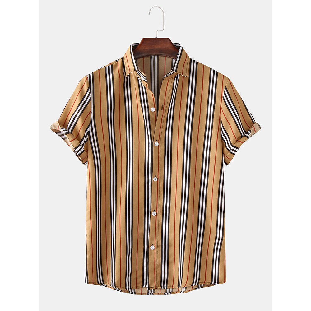 Mens Vintage Striped Breathable Short Sleeve Casual Shirts - Red S