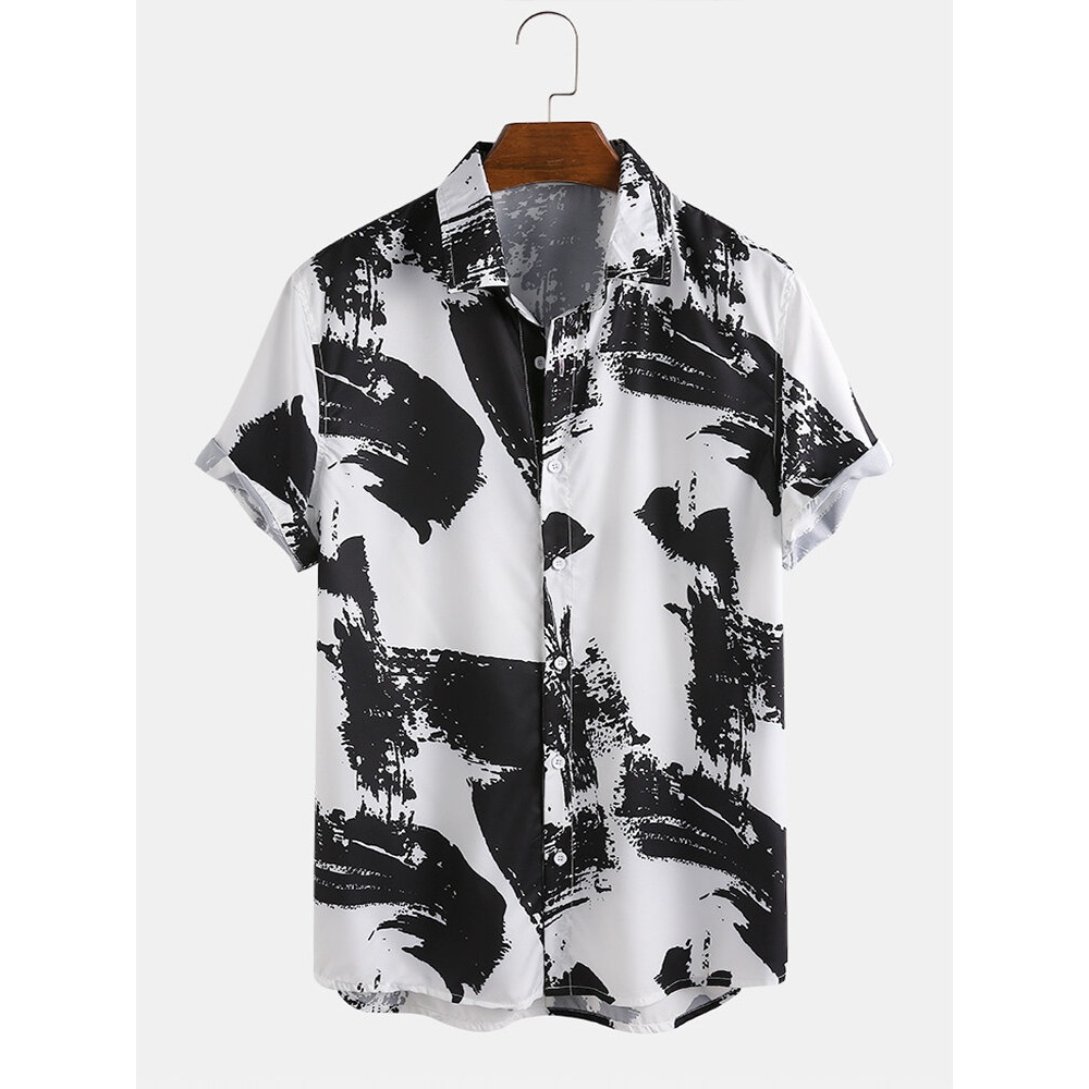 Oil Painting Pattern Printing Breathable Short Sleeve Casual Shirts - Black 3XL