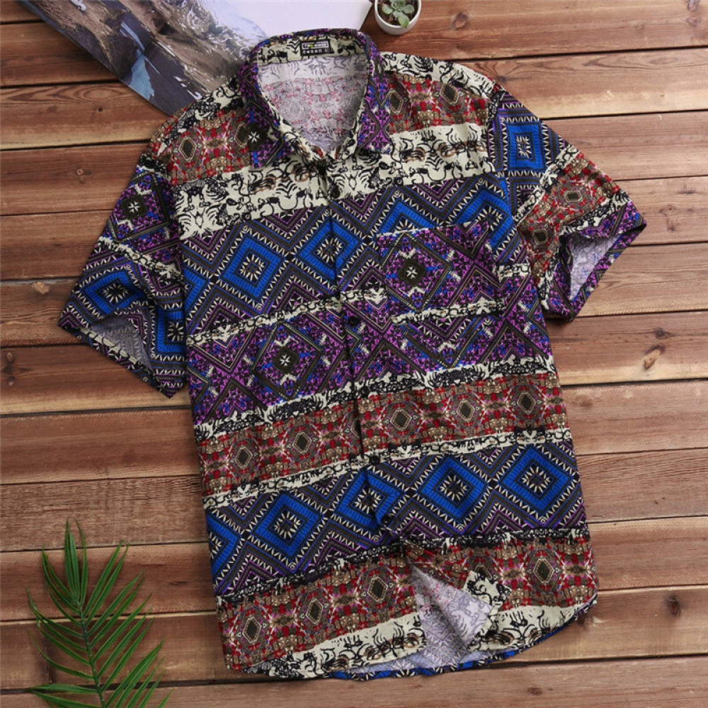INCERUN Plus Size Loose Ethnic Style Mayan Printing Shirts - 2XL #02