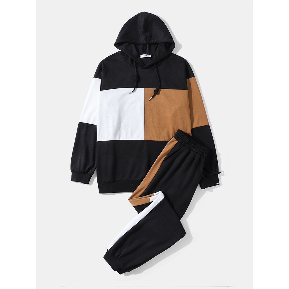 Mens Vintage Splicing Hoodies Pants Color Block Casual Suits - Black S