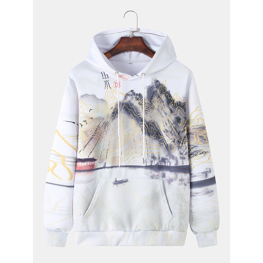 Mens Ink Painting Print Chinoiserie Long Sleeve Warm Hoodies - White S