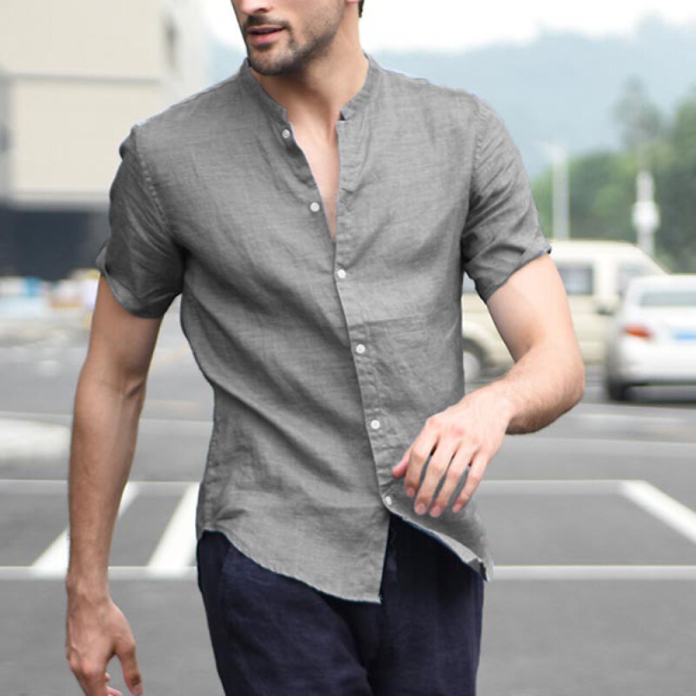 Men Linen Short Sleeve Shirt Beach Loose Soft Casual Collarless Shirt Tops Blouse - S Beige - Image 2