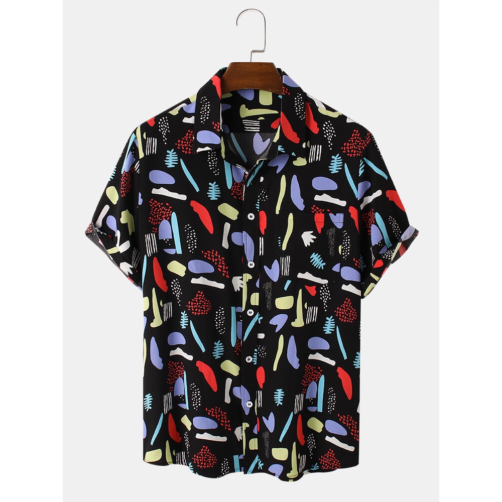 Mens Fashion Cartoon Color Block Short Sleeve Casual Shirts - Black S