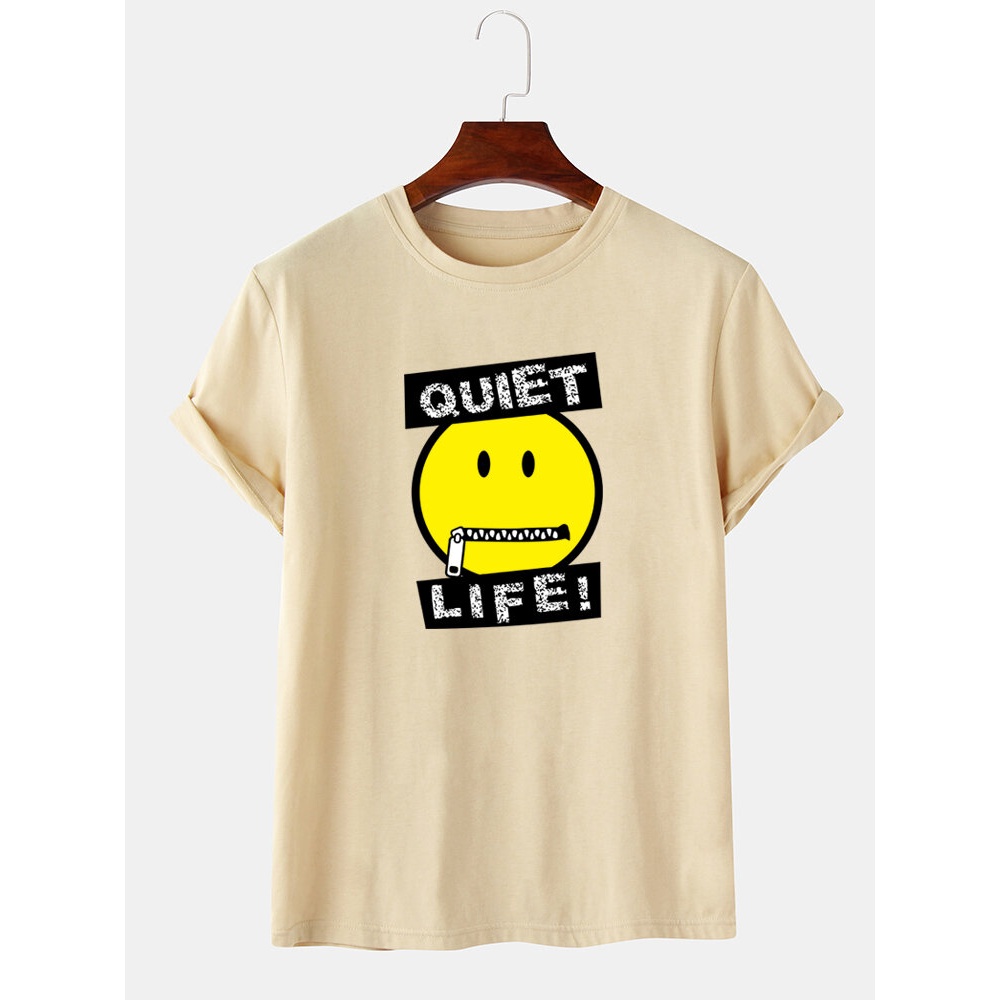 Mens Letter Emojis Print O-Neck Short Sleeve T-Shirts - White S