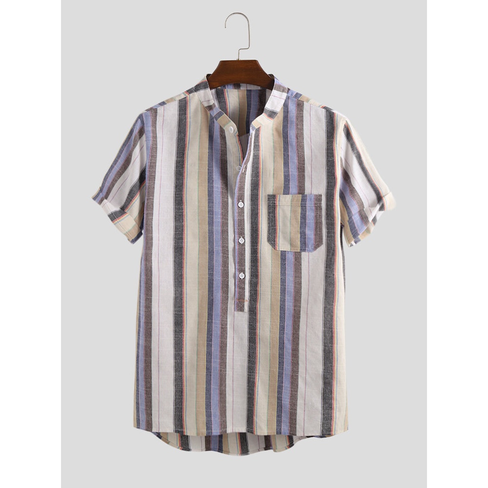 Men Cotton Vertical Stripe Patch Pocket Short Sleeve Henley Shirts - Grey M