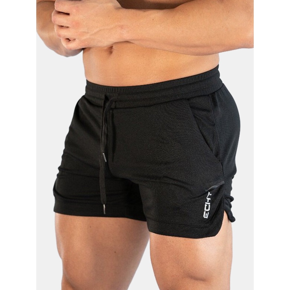 Mens Solid Color Quick Dry Sport Loose Thin Stretch Beach Drawstring Waist Shorts - Black M