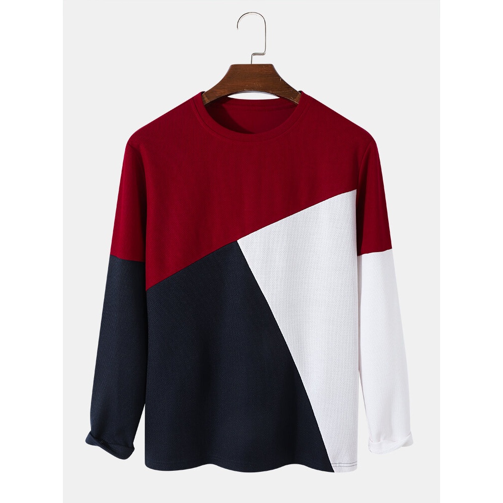 Mens Crew Neck Patchwork Color Block Long-Sleeve T-Shirt - Red 2XL