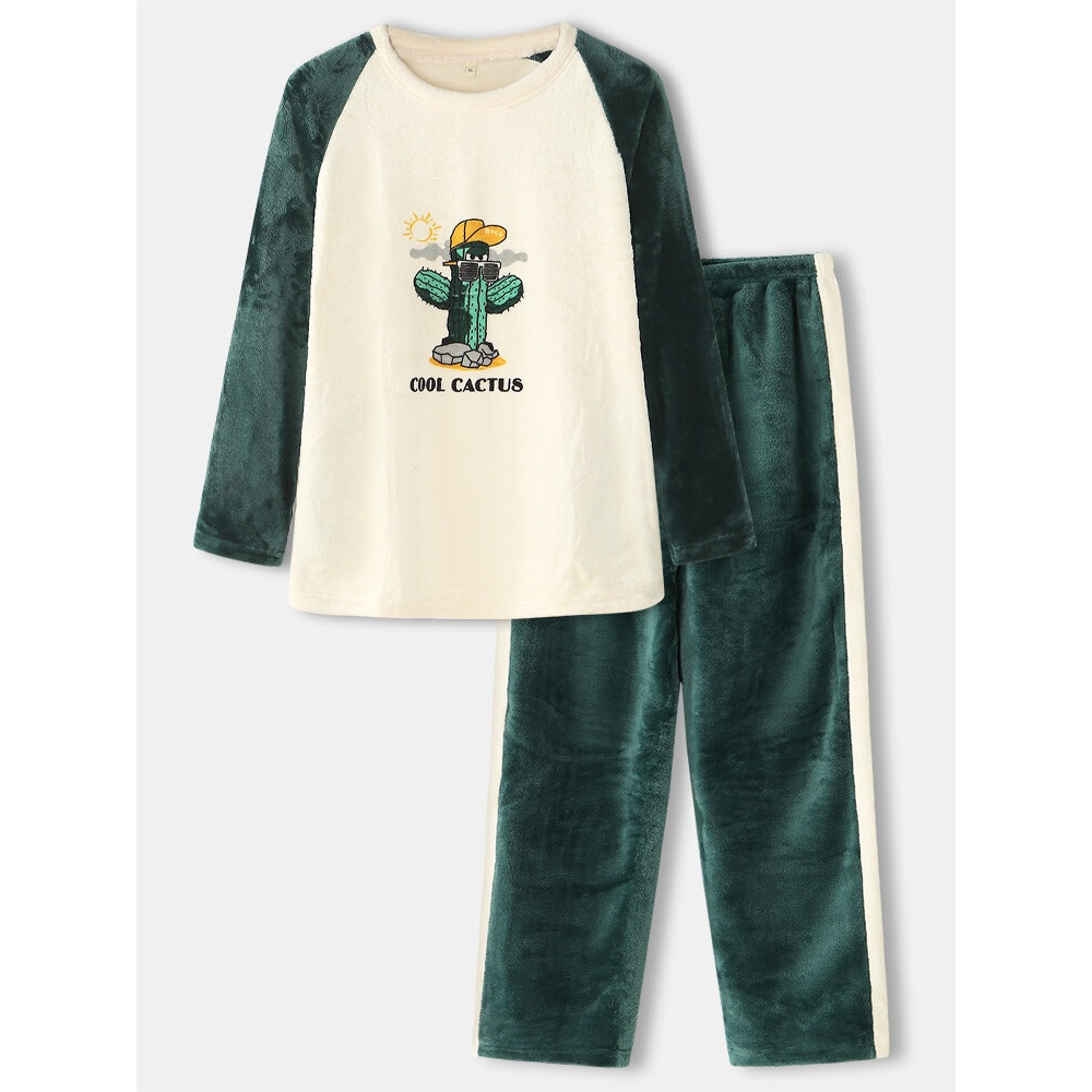 Mens Cartoon Cactus Letter Print Round Neck Flannel Warm Long Pajamas Sets - Green S